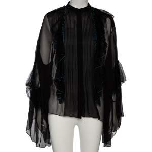 Pre Owned Chloe Black Silk Chiffon Ruffled Oversized Sheer Top M