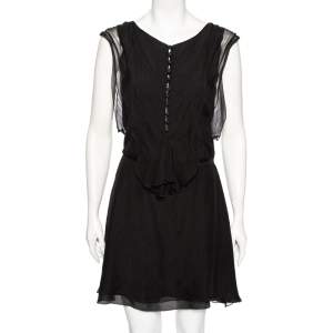 Pre Owned Chloe Black Silk Ruffled Detail Button Front Belted Dress M