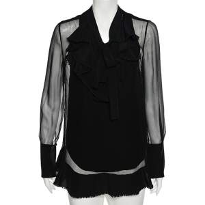 Pre Owned Chloe Black Silk Ruffled Trim Detail Long Sleeve Blouse S