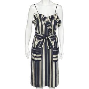 Chloe Navy Blue & Ecru Striped Silk Ruffled Belted Midi Dress L