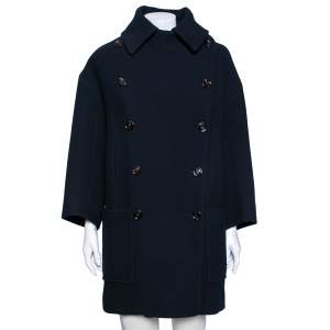 Chloe Navy Blue Wool Ribbed Collar Detailed Double Breasted Oversized Coat S