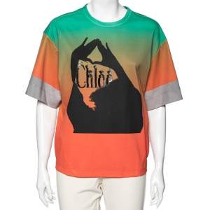 Chloe Orange & Green Ombre Cotton Logo Printed T-Shirt M