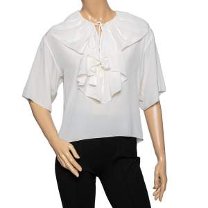 Chloe Off White Silk Ruffle Trimmed Neck Tie Detail Blouse S