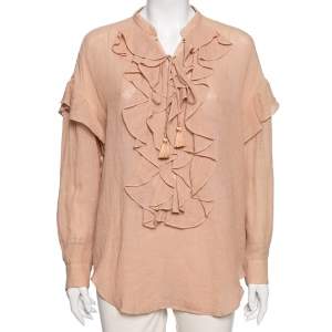 Chloe Beige Cotton Ruffle and Lace Up Front Blouse M