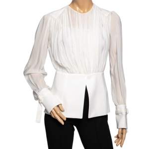 Pre Owned Chloe Dusky White Silk Ruched Long Sleeve Blouse S