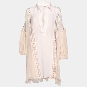 Pre Owned Chloe Powder Pink Silk Chiffon Lace Inset Oversized Short Dress M