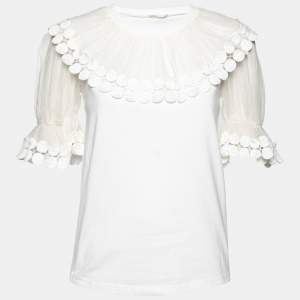 Pre Owned Chloe White Cotton & Silk Lace Trimmed Top S