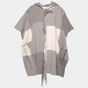 Pre Owned Chloe Grey and Beige Wool Fringe Detail Hooded Cape Cardigan XS - S
