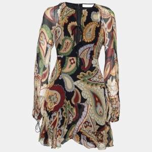 Chloe Multicolor Paisley Printed Silk Lace Front Ruffle Trim Hem Dress S