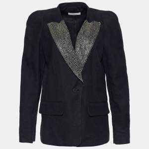 Pre Owned Chloe Grey Linen Blend Crystal Embellished Collar Blazer L