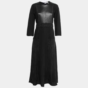 Pre Owned Chloe Black Linen Crochet Trim Long Sleeve Fringed Dress M