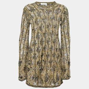 Pre Owned Chloe Yellow & Black Patterned Linen & Silk Knit Long Sleeve Top XS