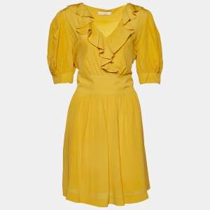 Pre Owned Chloe Yellow Silk Ruffled Neck Knee-Length Dress L