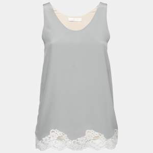 Chloe Grey Silk Chiffon Lace Trimmed Sleeveless Top S