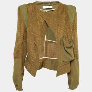 Pre Owned Chloe Olive Green Textured Silk & Linen Open Jacket L  
