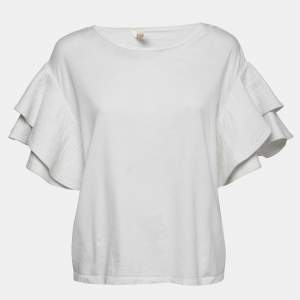Pre Owned Chloe White Cotton Ruffled Sleeve Round Neck Top XL
