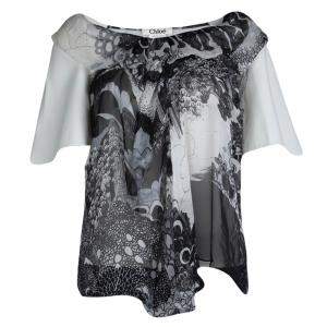 Pre Owned Chloe Monochrome Printed Sheer Chiffon Short Sleeve Blouse S