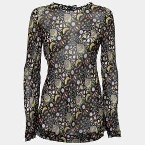 Chloe Black Floral Printed Crepe Long-Sleeve Top M   