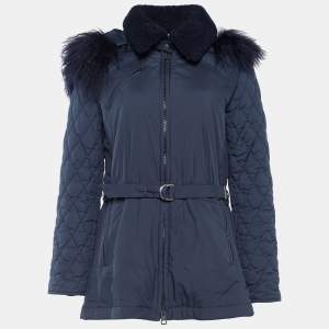 Chloe Dark Navy Synthetic Detachable Fur Hoodie Puffer Coat M