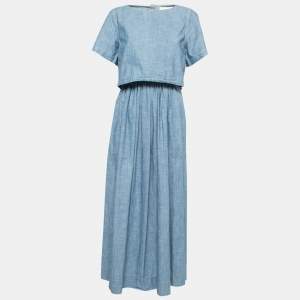 Pre Owned Chloe Blue Chambray Overlay Detailed Short Sleeve Maxi Dress M