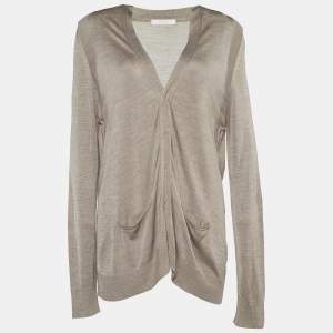Chloé Beige Gris Silk Knit Concealed Button Cardigan M