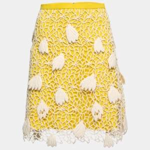 Chloe Yellow Crepe & Lace Overlay Mini Skirt S