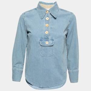 Chloe Light Blue Corduroy Pocket Detail Collared Top S