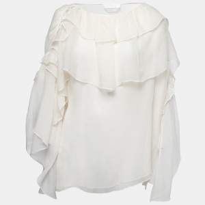 Pre Owned Chloe Light Cream Chiffon Silk Braid Trimmed Blouse S