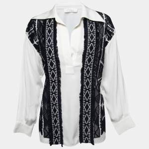 Chloe White & Navy Blue Embroidered Inset Crepe Tunic S