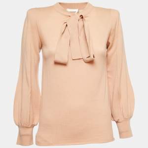 Chloe Beige Wool Bow-Tie Knit Sweater S