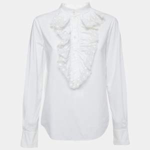 Chloe White Cotton Ruffled Lace Neck Blouse S