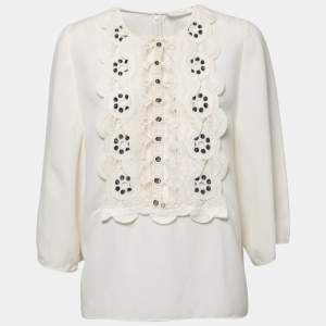 Pre Owned Chloe Milk Linen Blend Guipure Lace Paneled Blouse L
