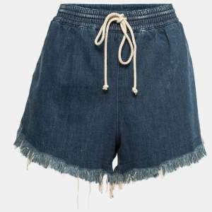 Chloe Blue Denim Drawstring Fringed Shorts M