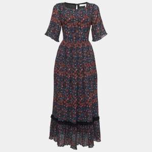 Pre Owned Chloe Black Floral Print Textured Cotton and Silk Cut Out Maxi Dress S