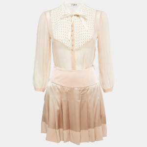 Chloe Vintage Silk Chiffon Sheer Top & Satin Silk Pleated Mini Skirt S