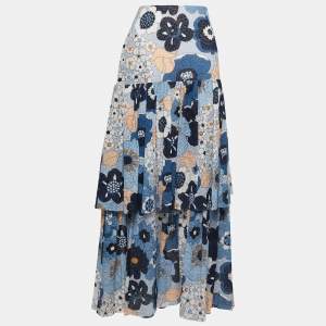 Chloe Blue Floral Printed Textured Cotton Tiered Midi Skirt L