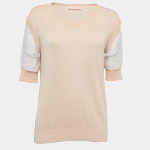 Chloe Beige Cotton Knit Floral Sleeve Detail Top XS
