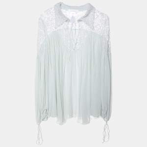 Pre Owned Chloe Mint Green Silk Chiffon & Lace Top M