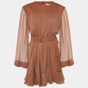 Pre Owned Chloe Brown Crepe & Chiffon Belted Mini Dress L