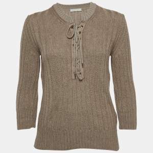 Chloe Dark Beige Wool and Linen Lace Tie up Detail Sweater M