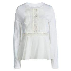 Pre Owned Chloe White Cotton Lace Insert Detail Ruffle Bottom Long Sleeve Top S