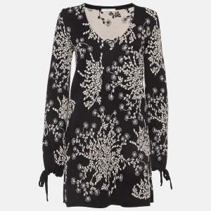 Pre Owned Chloe Black Floral Intarsia Knit V-Neck Mini Dress M
