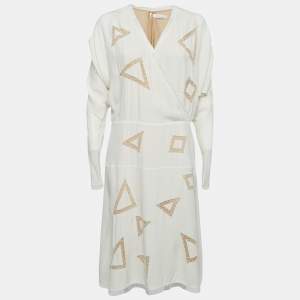 Pre Owned Chloe Cream Silk Lace Trim Midi Dress M