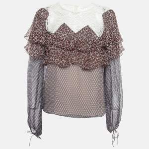 Chloe Multicolor Printed Lace Trim Silk Ruffled Blouse M
