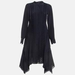 Pre Owned Chloe Navy Silk Lace Trim Shirt Dress S