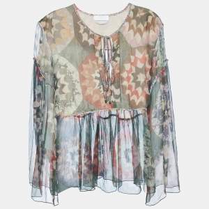 Pre Owned Chloe Green Rosace Patchwork Print Silk Crepe Flared Blouse L 