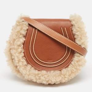 Pre Owned Chloé   Brown/Cream Shearling Fur and Leather Mini Marcie Shoulder Bag