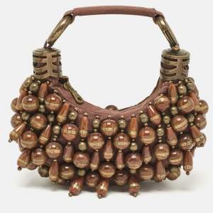 Pre Owned Chloe Brown Canvas Beads Embellished Hobo
