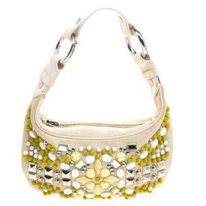 Pre Owned Chloe Cream Canvas Multi Stone Embellished Shoulder Bag