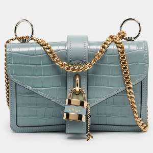 Chloe Light Blue Croc Embossed Leather Small Aby Shoulder Bag